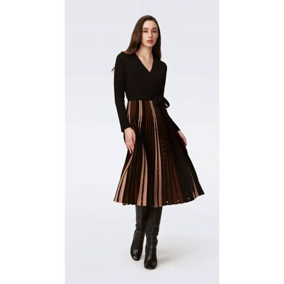 DIANE VON FURSTENBERG OLLIE WRAP DRESS, Black, Brown and Camel, NWT, SZ. L - Picture 1 of 6